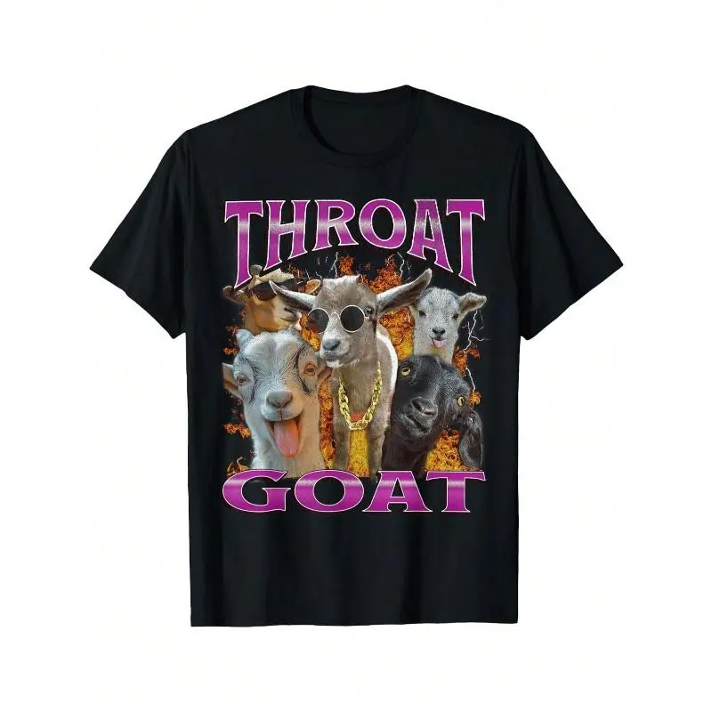 Funny 'Throat Goat' Y2K Graphic T-Shirt - Offensive Adult Humor, Short Sleeve, Black Casual Knit Meme Print Tee With Bold Purple Lettering & Playful Goat Design, T-Shirt Playful Design Glossy Fabric