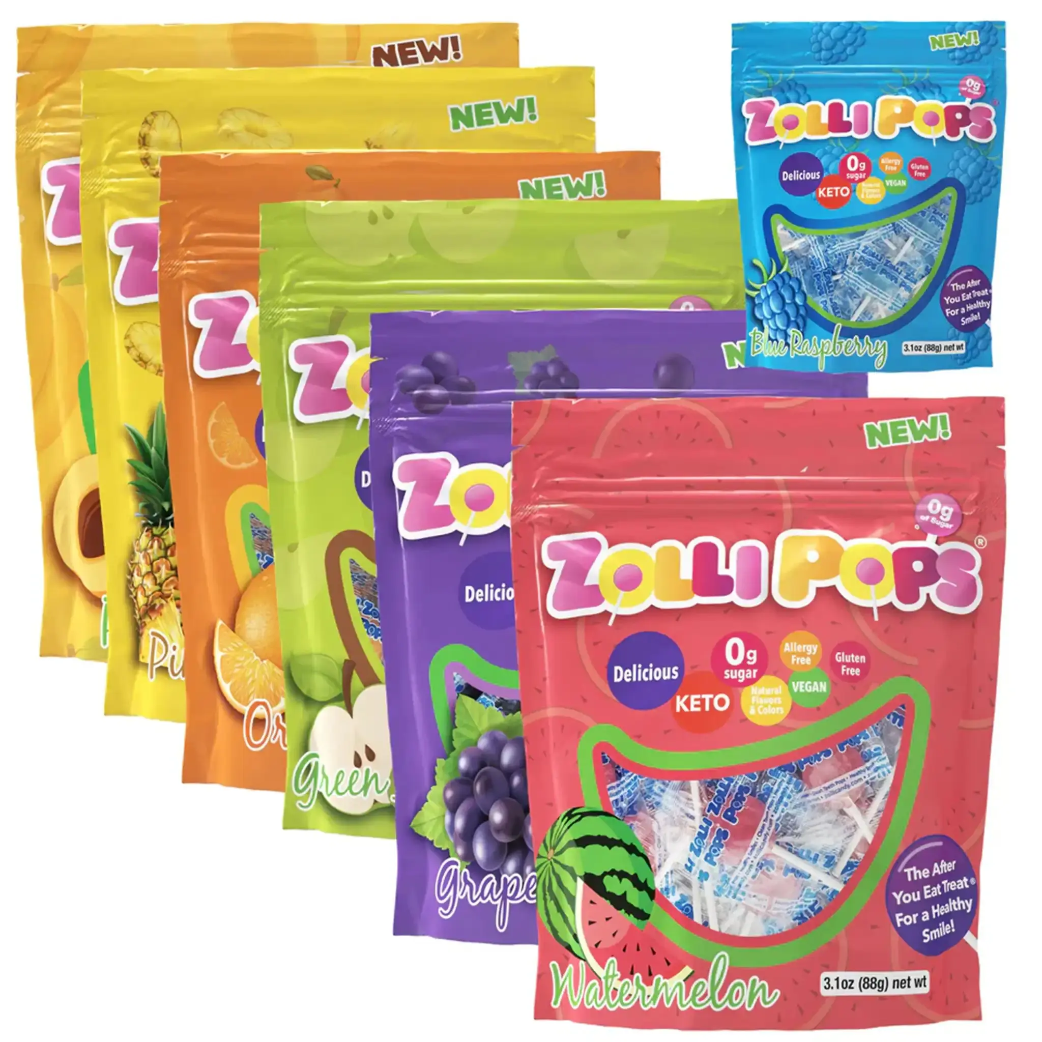 Zollipops Sugar Free Lollipops Pack 3.1oz Bags - 6 packs Plus 1 Free - 7 Different Vegan Zero Sugar Fruity Lollipops
