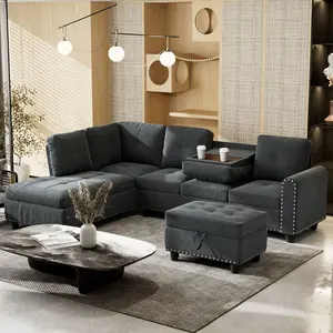 94.49” L-Shaped Modular Sectional Sofa with Storage Ottoman, Drop-Down Back with Cup Holders, Nailhead Trim, for Living Room, Bedroom, House-Drak Grey