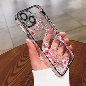 Pink Plum Flowers Case For iPhone 16 15 14 13 12 11 Promax Plus Pro,using TPU electroplating material,protect the mobile phone camera from falling,It is an ideal choice for gifts