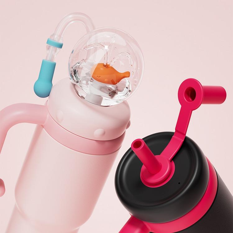 【COMOBEBE】24oz Stainless Steel Whale Fountain Tumbler with Handle – Two Lids, Spill-Proof, Dishwasher Safe, Cute & Perfect for Teens, and Adults Water Bottles Sturdy Drinkware Flasks