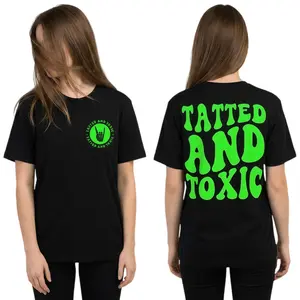 Tatted and Toxic Shirt - Funny Retro Wavy Lettering Cute Trendy Tattooed Life Lime Green and Black Short Sleeve Cotton Crew Neck Classic Fit Casual Top for Everyday Wear - Soft Breathable Fabric Womenswear Essential