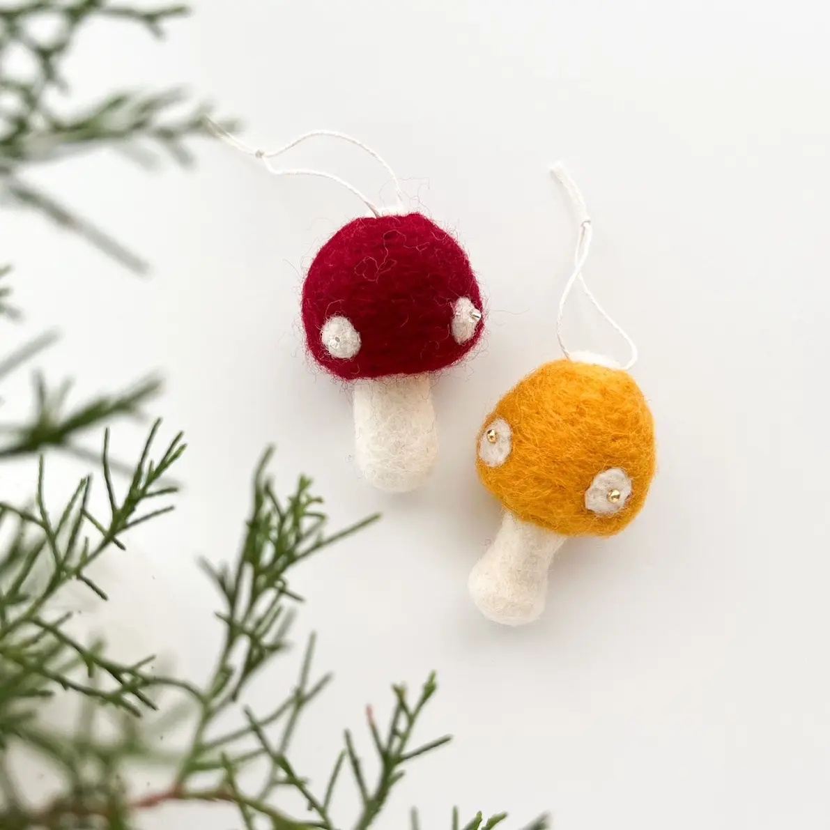 Whimsical Mushroom ornaments, soft wool handmade ornaments, Christmas tree beaded mushroom ornaments