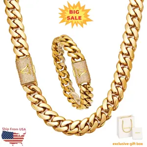 Men's 18K Gold-Plated Stainless Steel Cuban Chain Necklace & Bracelet Set with 26 A-Z Letter Flip Clasps Exclusive Gift Bag for Men Women