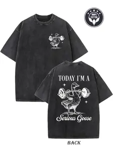 Men'S Today I Am Serious Goose Pattern T-Shirt | Heavyweight 230gsm 100% Loose Retro Washed T-Shirt with Double-Sided Print, Drop Shoulder Design, Ribbed Collar, Perfect for Casual Streetwear and New Year'S Gif
