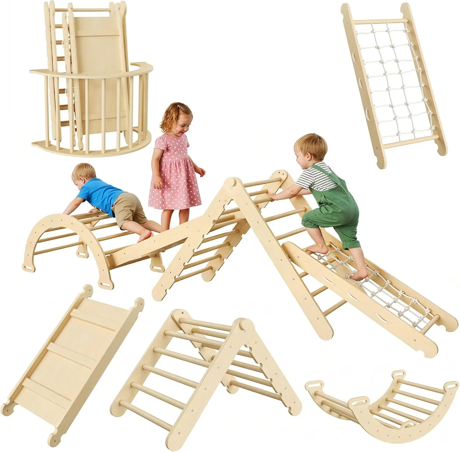 Gaomon 8 In 1 Foldable Durable Wood Pikler Triangle Climbing Set - Home Playground Equipment, Foldable Set for Toddlers 1-3 to Boost Balance Coordination, Christmas Playroom Gift
