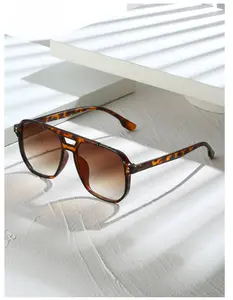 Tortoise Shell Color Square Frame Double Bridge Pilot Style Glasses - 1pc Unisex Fashion Beach Accessories for Women, Business Casual & Gifts