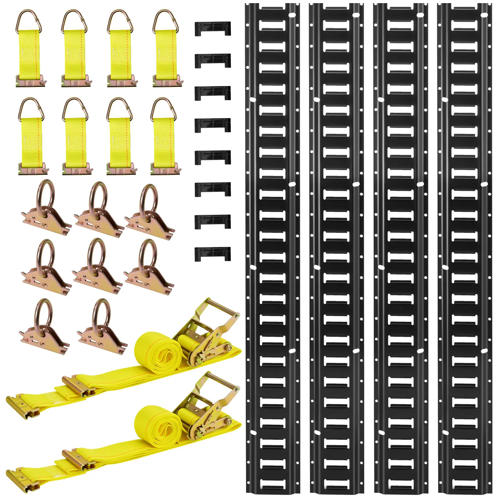 【Summerfinds】VEVOR E-Track Tie-Down Rail Kit,4 Pack 7.7 ft E Track Rails26 Pcs Includes 2 Ratchet Straps & 8 O-Rings & 8 Tie-Offs with D-Ring & 8 End CapsFit for Garages Vans Trailers Motorcycles