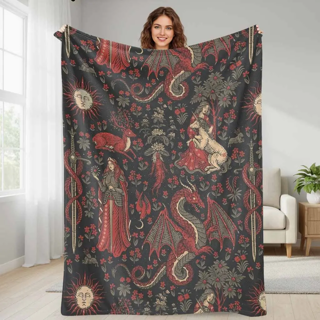Fantasy Mythical Creature Flannel Blanket - Medieval Theme Dragon & Unicorn Print, Soft Lightweight Plush Throw, Flannel Fabric for Cozy Spaces, Living Room Decor, Witchy Aesthetic Bedding, Housewarming Gift