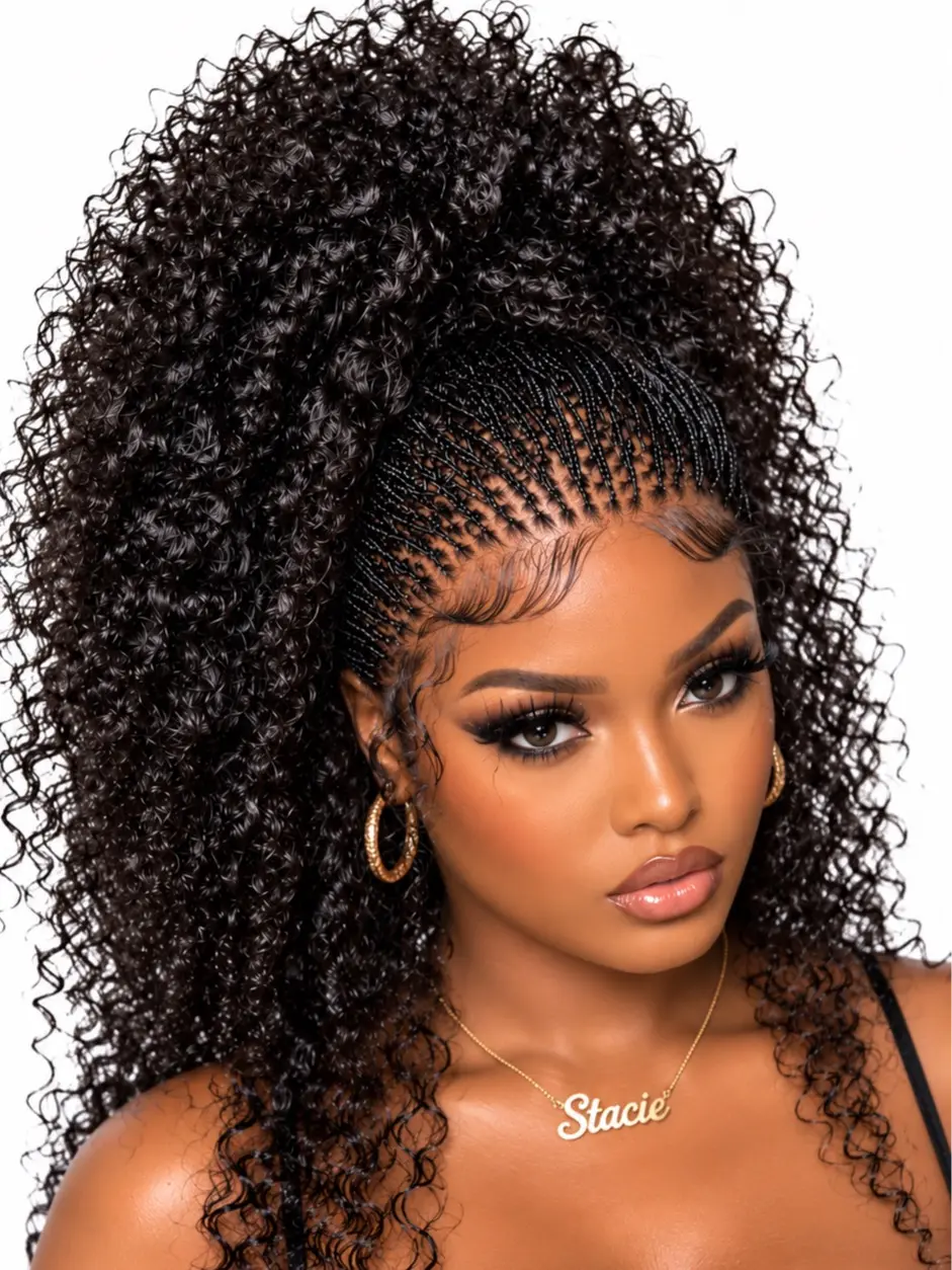 30-Inches Glueless Human Hair Curly Wig –  Braided Lace Frontal  micro nano individual box braids Natural Black 30 -Inches