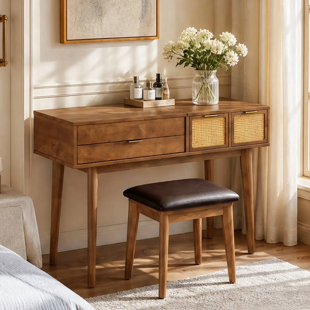 ARCH 43.3" Classic Wood Makeup Vanity Set with Flip-Top Mirror and Upholstered Stool, Brown Solid Wood & MDF Dressing Table with Three Drawers, Hidden Mirror Desk, Bedroom Vanity Table with Storage, Brown, Brown Color Options, Solid Wood+MDF Material