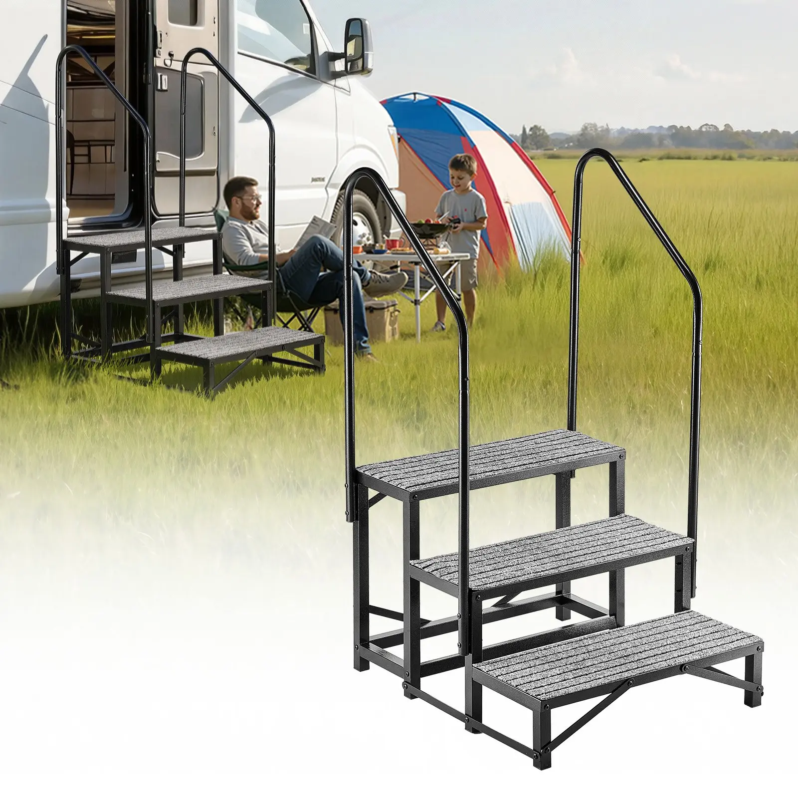 VEVOR Alloy Steel Heavy-Duty 3-Step RV Stairs, Dual Handrails, Non-Slip Mat, 660 Lbs Load Capacity, Portable for Elderly Mobility Support, Pool, Spa, Porch, Outdoor Mobile Home Use, Hot Tub