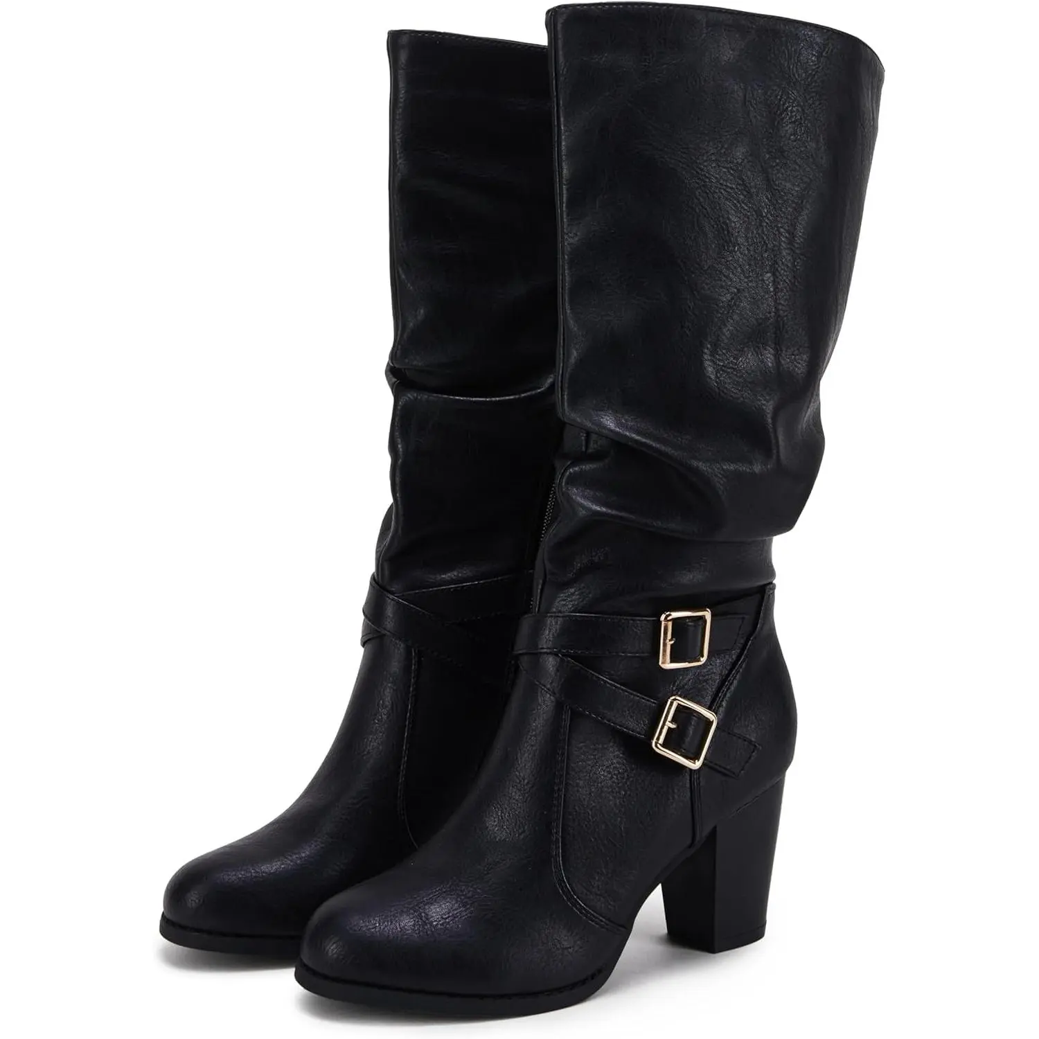 Womens Mid Knee High Boots Chunky Heel Slouchy Metal Buckle Side Zipper Fashion Winter Shoes