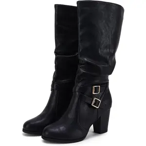 Womens Mid Knee High Boots Chunky Heel Slouchy Metal Buckle Side Zipper Fashion Winter Shoes