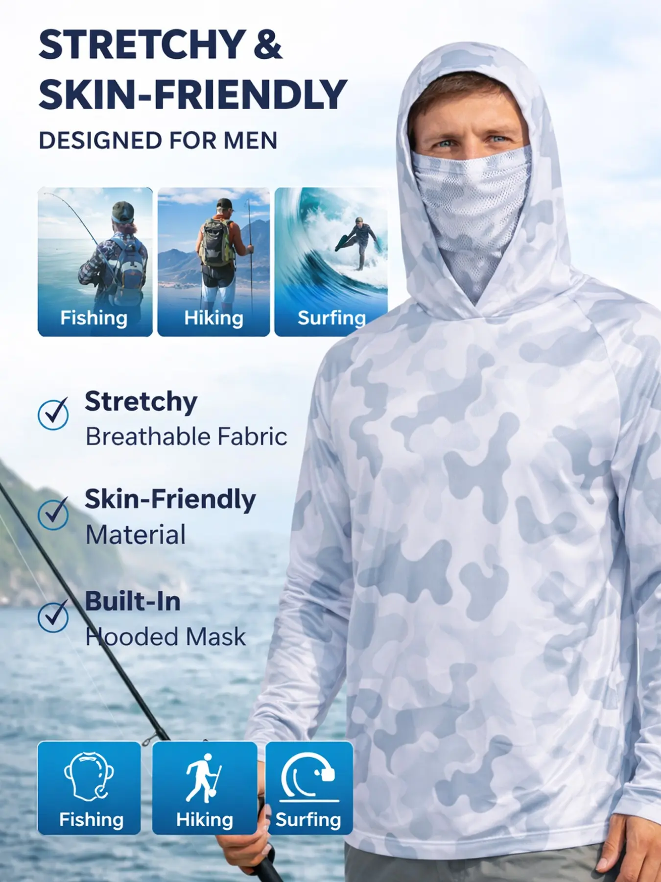 Men's Long Sleeve Hooded Fishing Jacket with Face Mask, Stretchy Gradient Color Outdoor Fishing Clothing, Activewear Clothing, Athletic Activewear, Sun Protection Jumper, Camo Hoodie, Fishing Hoodies