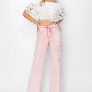 RISEN High Rise Wide Leg Cargo Pocket Jeans for Women - Underwear, Bottoms