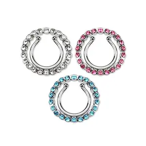 Non-Piercing Clip On Nipple Ring Adjustable With Circle & Gems - Pair