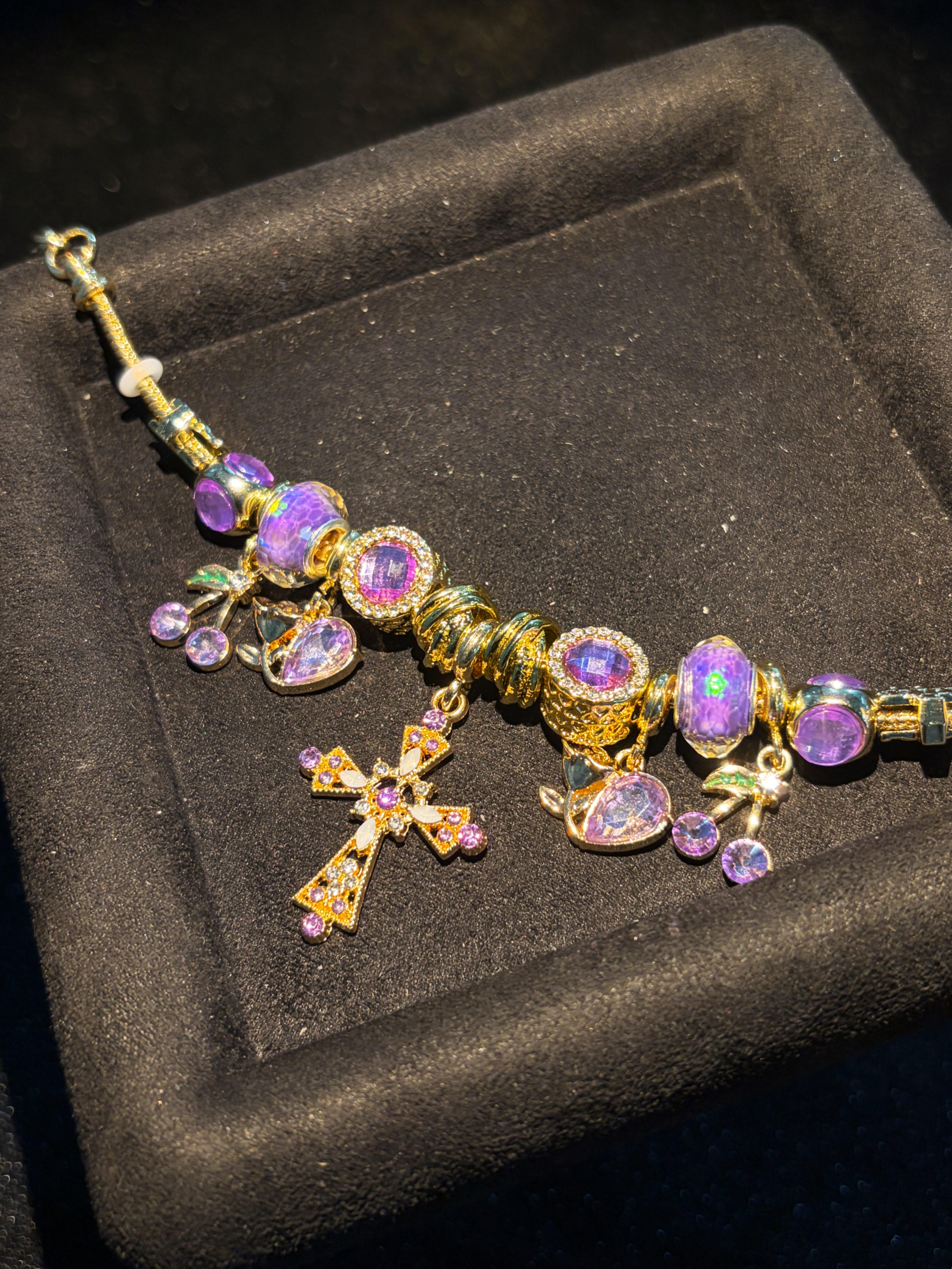 Women's Purple Cross Gold-Tone Snake Chain Bracelet with Rhinestone Beads, Stackable Costume Jewelry Accessory Women's Purple Cross Gold-Tone Snake Chain Bracelet with Rhinestone Beads, Stackable Costume Jewelry Accessory