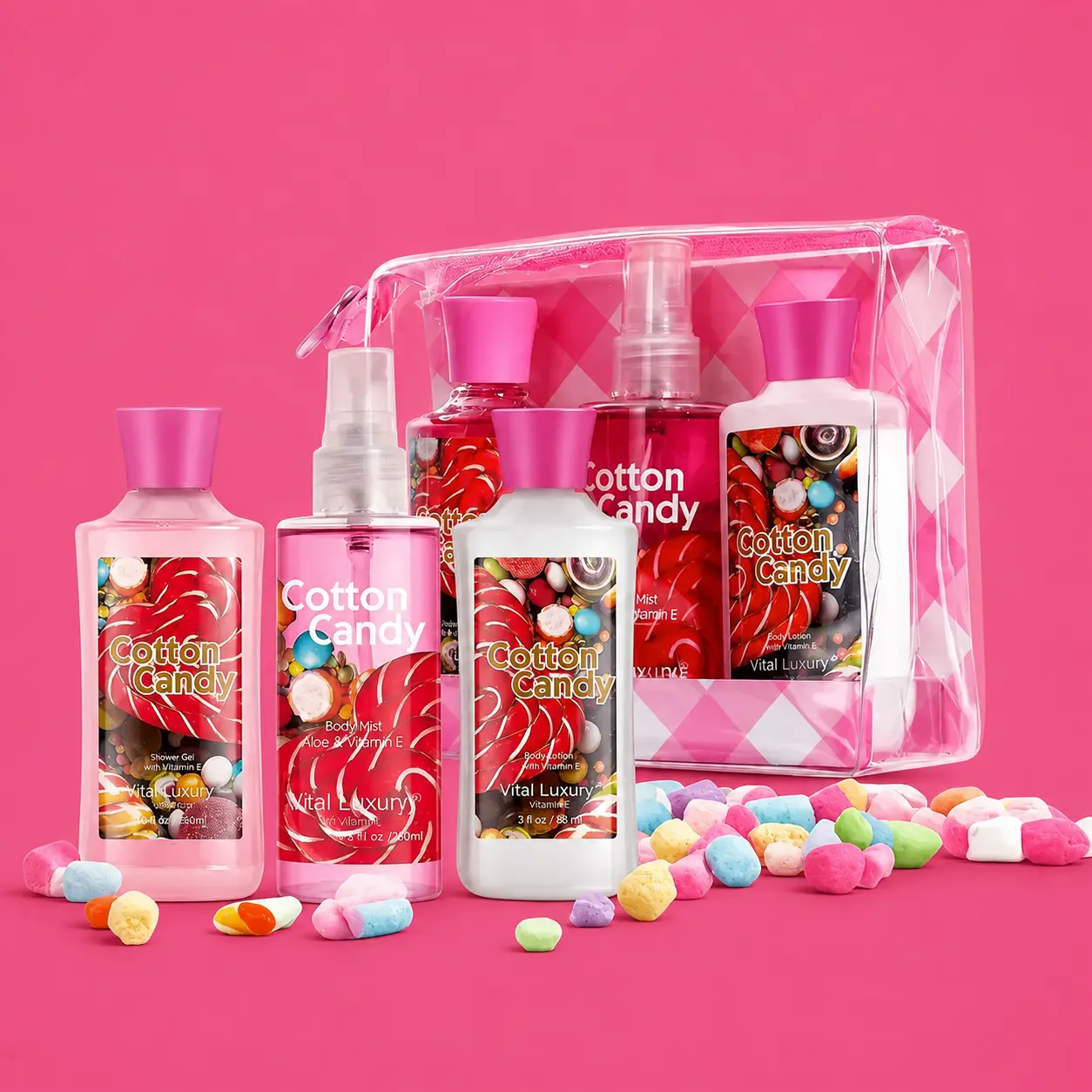 Vital Luxury Cotton Candy Scented Bath-3 Travel Set - 3oz Shower Gel, Body Lotion, Body Mist | Silky Lather, All-Day Freshness, Intense Moisture | Ideal Gift for Mom, Wife, Sister & Girlfriend | TSA-Friendly, Waterproof Pouch Included - Cherry, Clear