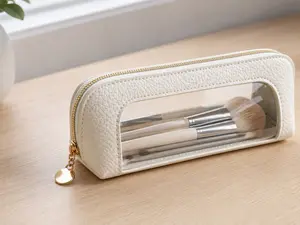 Women's Small Pink PU Leather Clear Makeup Bag - Double-Sided Waterproof Zippered Cosmetic Organizer Pouch, Portable Travel Storage Bag for Makeup Brushes