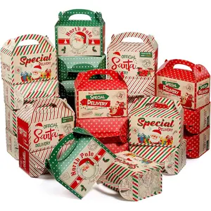24 Pcs Christmas Cardboard Treat Boxes Red and Green Xmas Santa Delivery from North Pole Gift Boxes for Goodie Cookie with Handles Food Packaging Boxes for Office Party Favor Supplies (Cute Style)