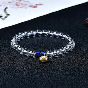 Natural Clear Quartz Beaded Bracelet, 925 Silver Spiritual Symbol Charm, Negative Energy Purification