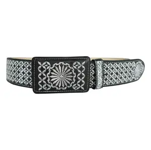 Men's Black Western Silver Color Thread Aztec Pattern Design Belt Genuine Leather Belt