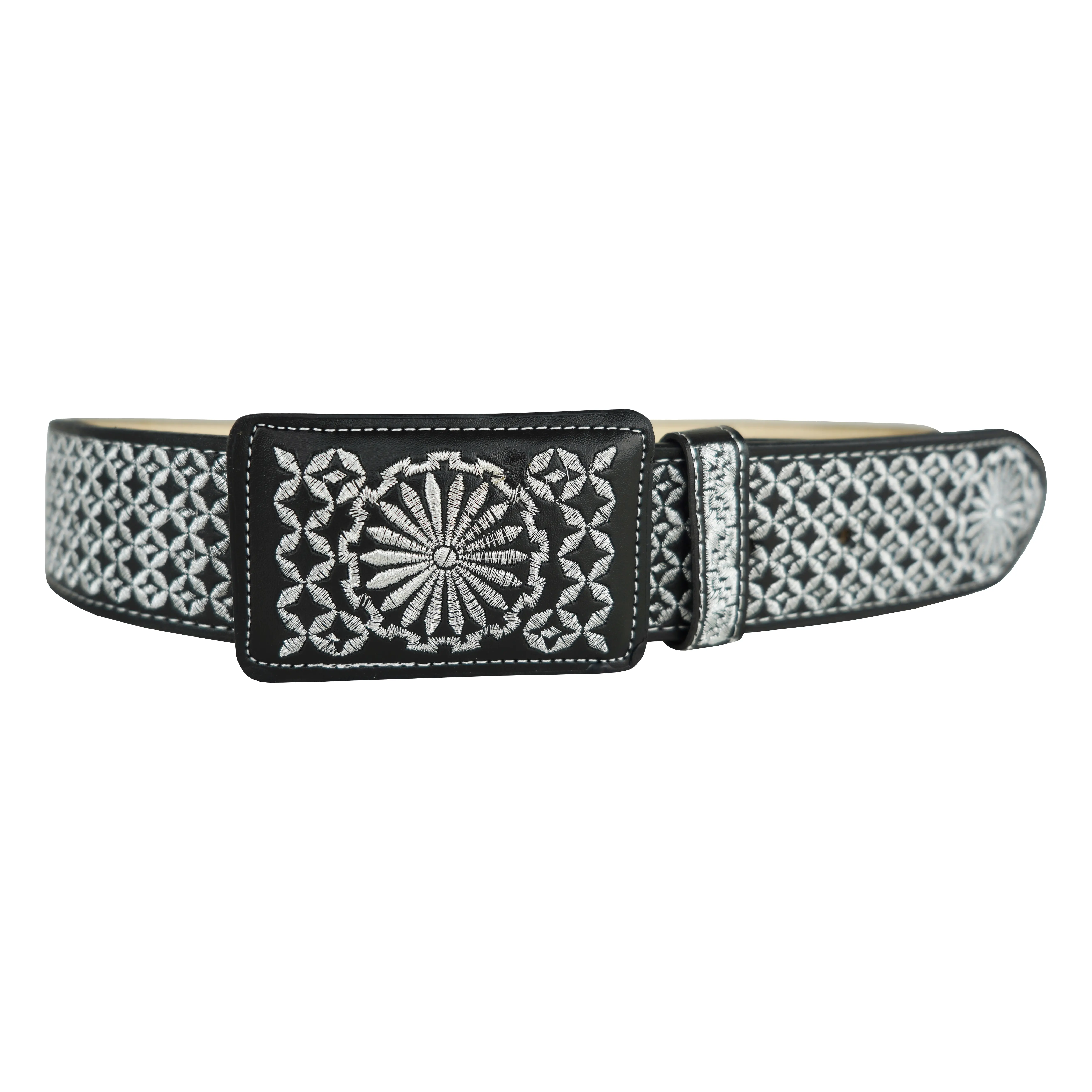 Men's Black Western Silver Color Thread Aztec Pattern Design Belt Genuine Leather Belt