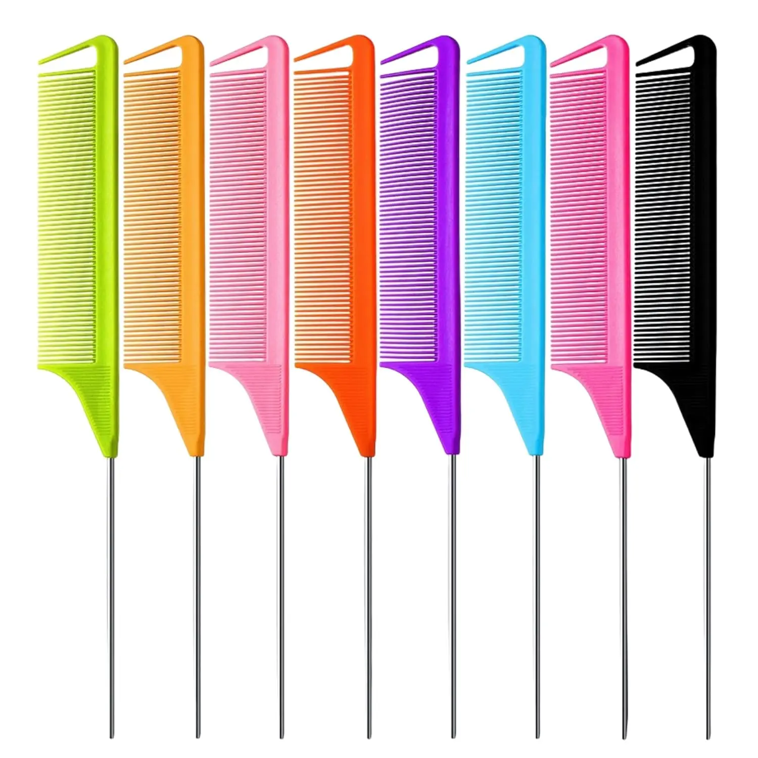 Women & Girls 8-PCS Rat Tail Combs Set - Fine-Tooth Hair Teasing Comb with Durable Stainless Steel Pintail, Heat-Resistant Carbon Fiber for Parting, Braiding Hair Styling