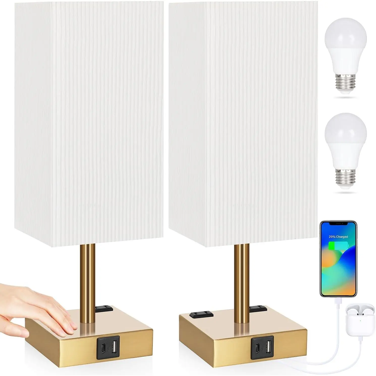 Set of 2 Bedside Table Lamp 3 Way Dimmable Nightstand Lamp with USB C & USB A  Port, 2 AC Outlets, 3000K LED Bulbs (Pleate)