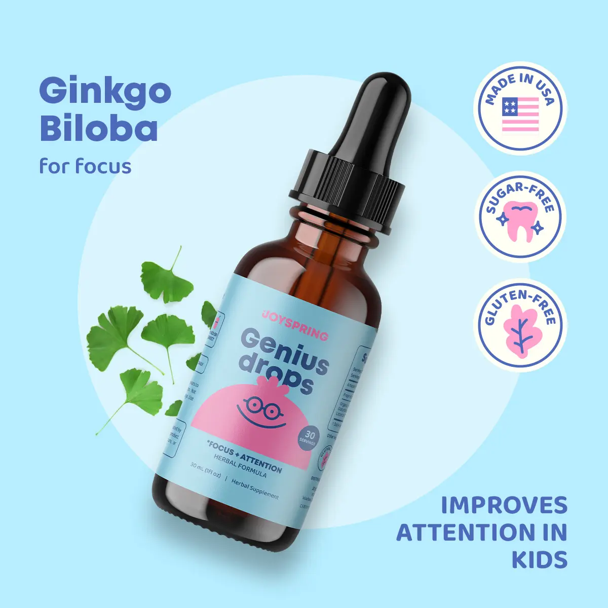 JoySpring Genius Drops Organic Focus Supplement | Stay Calmer & More Focused Naturally | Supports Concentration, Mental Clarity, and Cognitive Function