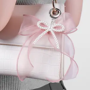 Layered Tulle Bow Keychain Charm for Women, Pearl Bowknot Purse Charm Pendant, Cute Mesh Ribbon Bag Charm Key Ring Accessory for Handbag Backpack Car Keys Girls Gift