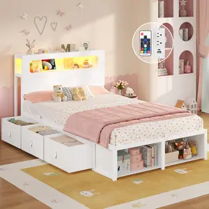 ADORNEVE Twin Bed Frame with 6 Storage Drawers & 2-Tier LED Headboard – Kids Girls Bed with Power Outlets & RGB Lights, 2 Footboard Cubbies– Space-Saving No Box Spring Needed