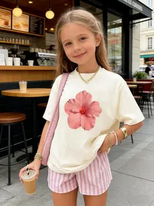 Girls Hibiscus Flower Print Striped Shorts 2 Piece Outfit Summer Casual T-Shirt Set Floral Print Set