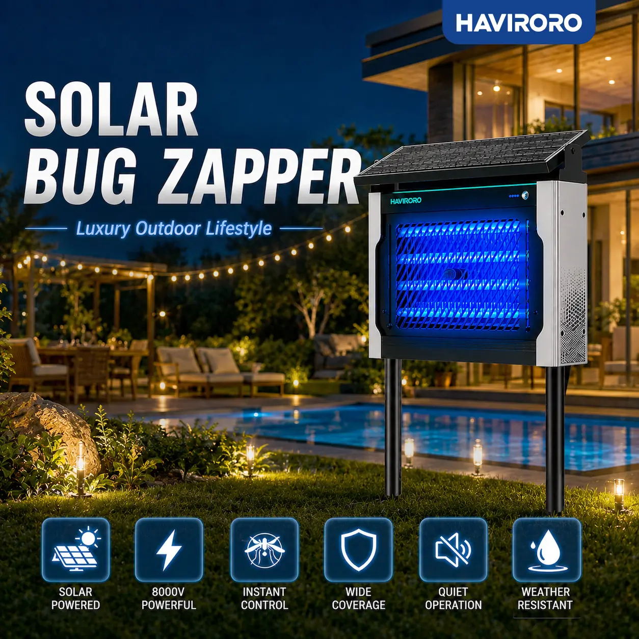 HAVIRORO Luxury Solar Bug Zapper, Fully Automatic 8000V Electric Insect Zapper for Outdoor & Indoor Use, Solar/USB Rechargeable Mosquito & Fly Trap with 7500mAh Battery, Waterproof Bug Light with Quick-Clean