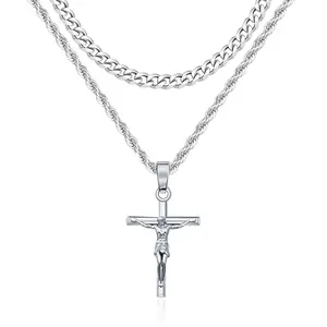 Stainless Steel Cross Pendant Necklace Set Layered Mens Cross Necklace for Men Stainless Steel Cross Pendant Cuban Link Rope Chain