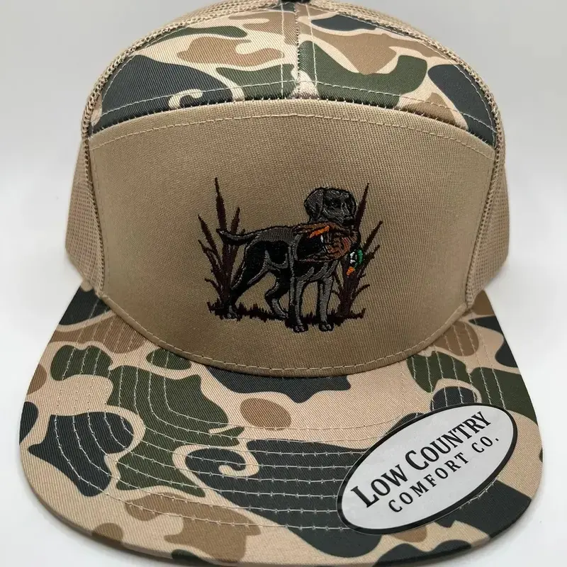 True South GreenBlack Duck Embroidery. GreenCamo -panel Riverbed Threads hat. By Low Country