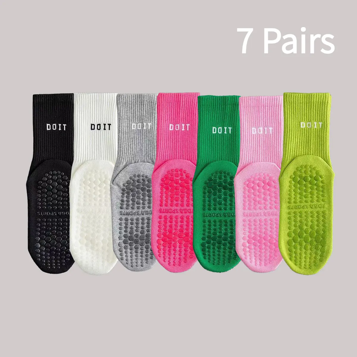 Female 7-Pack Breathable Anti-Slip Compression Yoga Socks with Grips, "DO IT" Letter Print, Motivational Crew Socks for Pilates, Barre, Grounding, Adaptive Stretch Training, Pilates Reformer Use, Heavy Lifting, High-Density Silicone, Letter/Number/Text, 7