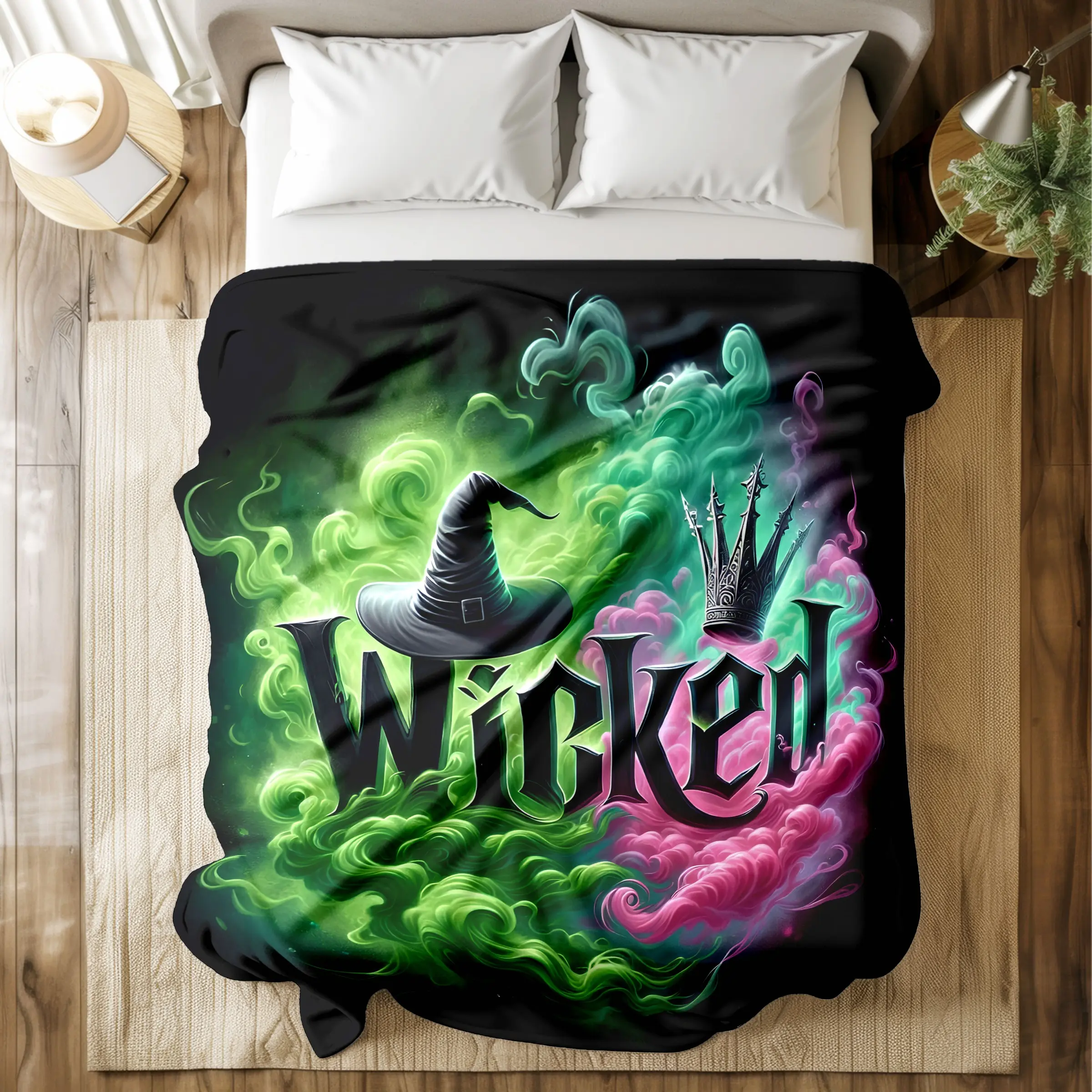 "Wicked Musical" printed featuring magical witch hat and crown smoke designs, soft, durable, quick-dry, machine washable, multi-size for bed, sofa, travel or office naps, gift for musical and fantasy fans, Flannel Blankets, Soft Blanket Throw