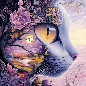 5D DIY Full Drill Round Diamond Painting Kits - Diamond Art Kit Cat Face Forest Mosaic, Canvas - DIY Decorative Painting, Home Wall Decor, Suitable for Halloween, Christmas, Birthdays, and Anniversary Gifts