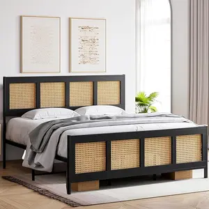 King Size Bed Frame with Headboard, Bohemian Rattan Platform Bed Frame with Strong Metal Slats Support, No Box Spring Needed, Noise-Free Design