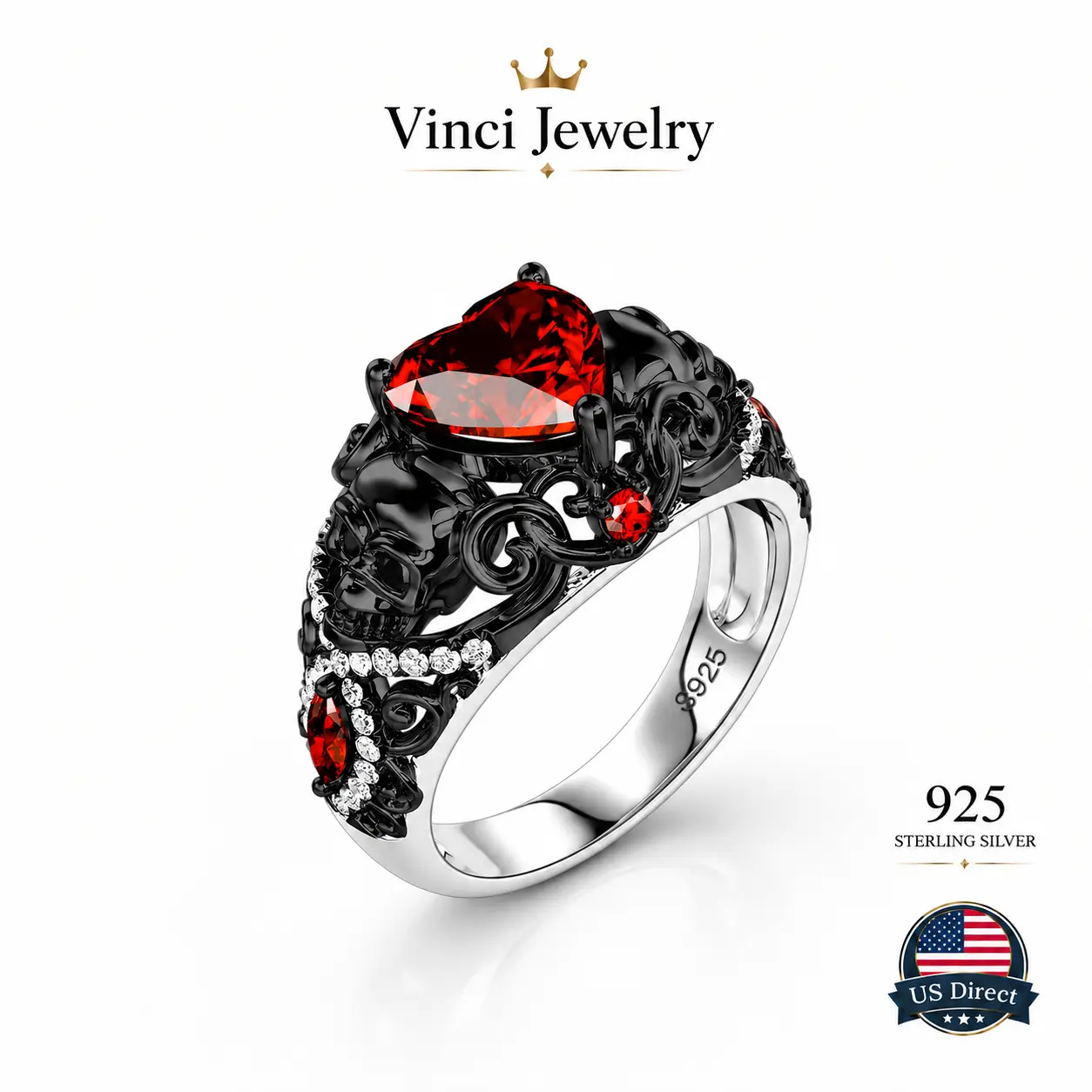 925 sterling silver Black Obsidian Gothic Skull Heart Ring for Women Black Plated Sterling Silver Ring with Red Heart Crystal Vintage Punk Gothic Statement Ring Halloween Party Gift for Wife Girlfriend Daughter Best Friend Alternative Vampire Inspired