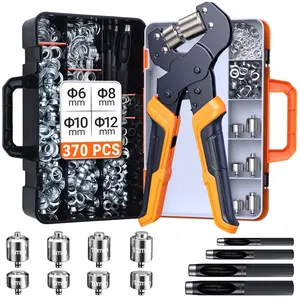 4-Size Grommet Tool Kit - 1/2" 1/4" 5/16" 3/8" Hole Punch & Eyelet Setting Tool with 370 count Grommets | Handheld Eyelet Plier for Tarps, Tents, Canvas, Vinyl & Leather Crafting