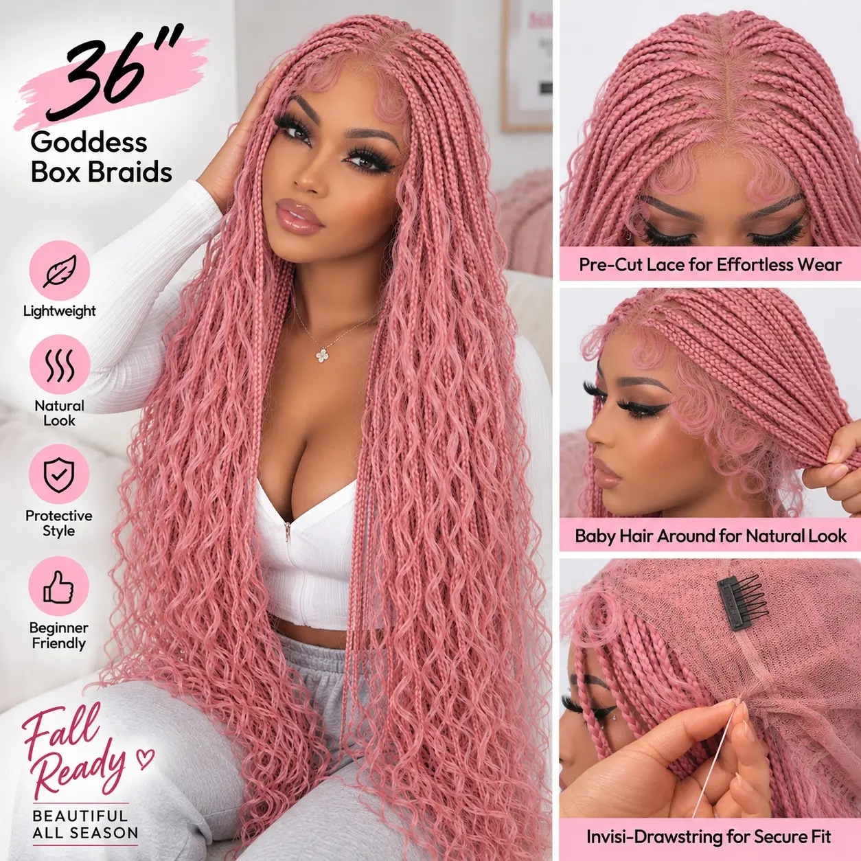#Pink 36" Full Lace Bohemian Knotless Boho Box Braided Wig – Barbie Pink SuperNova, Lightweight, Breathable, Natural Look, Long-Lasting & Easy to Maintain Knotless Boho Wig Glueless Lace Wig #SohoChic #TikTokShopStockUp #DealsForYouDays