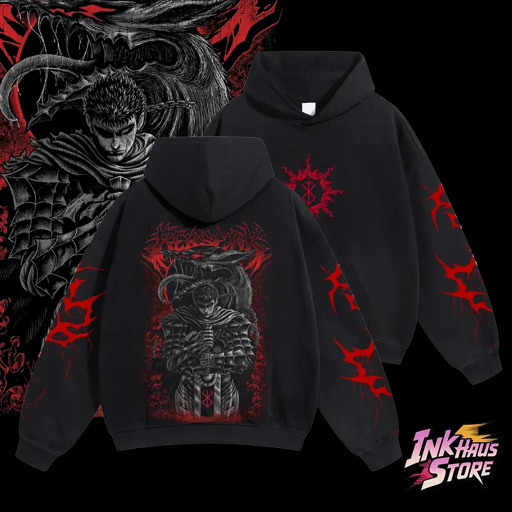 InkHaus Store Berserk Men's Berserk Protagonist Hooded Sweatshirt American-Style Washed Cotton Unisex Fashionable Casual Daily Wear USA Made Street Style Hoodie
