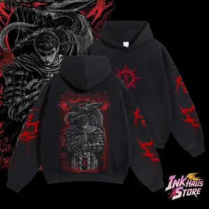 InkHaus Store Berserk Men's Berserk Protagonist Hooded Sweatshirt American-Style Washed Cotton Unisex Fashionable Casual Daily Wear USA Made Street Style Hoodie