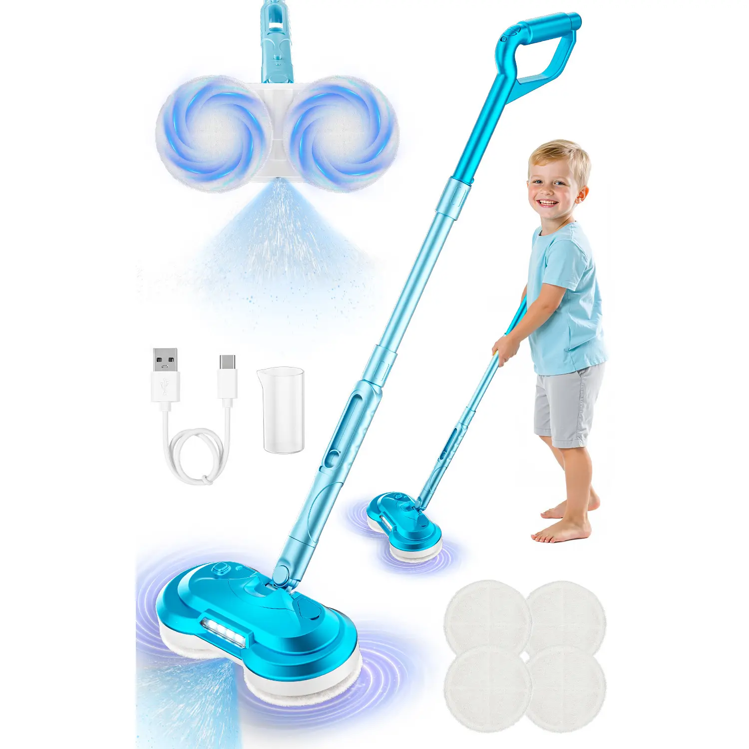 Electric Spray Mop - Real Water Spray Cleaning Set - Mini Mop and Broom Squeeze Water Spray Durable Cleaning Playset Toy Christmas Gift LED Headlight Power-Driven Spinning Dual Mops Multi Surface Steamer Portable Cleaner Multifunction