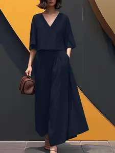 Two-Piece Set Women's Solid Color 3/4 Sleeve V Neck Top & Wide Leg Pants Set, Casual Lounge Set, Casual Fashion Cozy Two-piece for Daily Outdoor Wear, Ladies Clothes for Summer, Suits, Womenswear