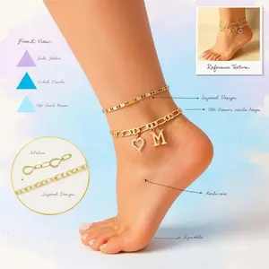 Initial Letter Heart Anklet Adjustable Gold-Plated Waterproof Tarnish-Resistant Foot Chain Jewelry for Women Girls Personalized Initial Charm with Love Heart Perfect Summer Beach Fashion Everyday Wear Romantic Gift