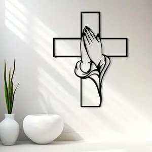 Modern Iron Cross Wall Art, Religious Metal Decor, Stylish Religious Decor, Praying Hands Design, Easy to Hang, Perfect for Living Room & New Home Gift